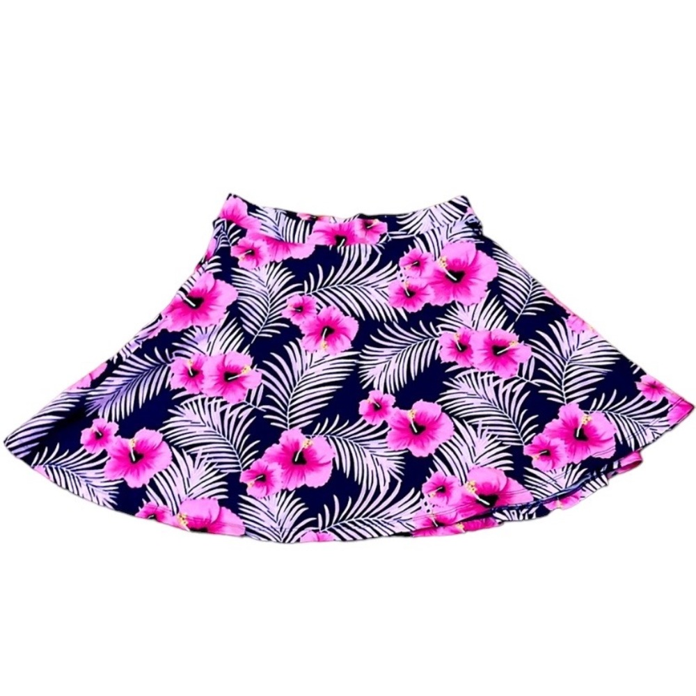 Victoria’s Secret pink navy palm hibiscus flared mini skirt stretch small twirl
